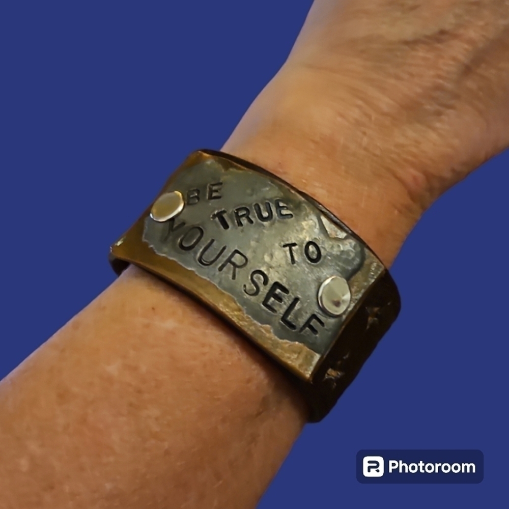 Rustic Brown Leather Stars Cutout Be True to Yourself Unisex Chunky Bracelet